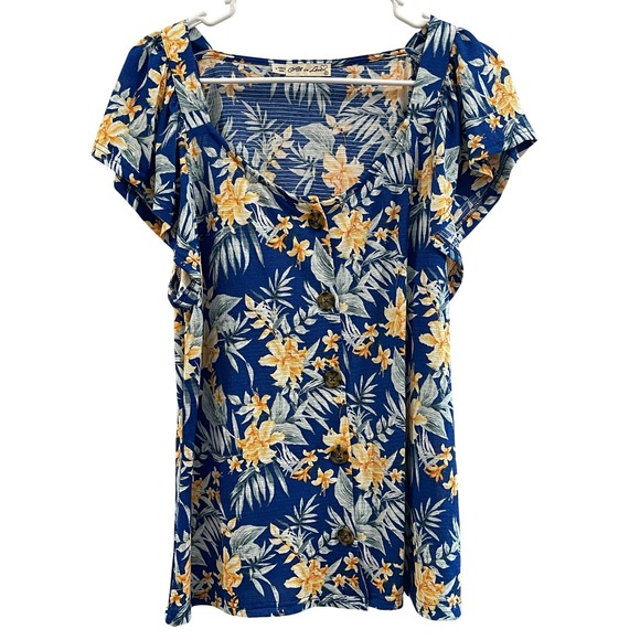 Gift of Color Tops - 00119 - All in Love Women M Blue Floral Button Blouse Ruffle Sleeves Cottagecore